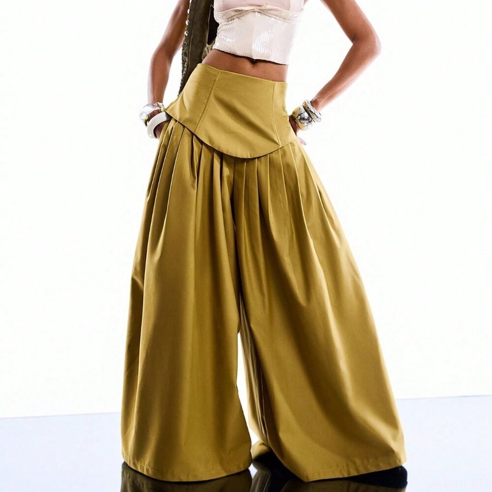 Yellow Casual Women's Pleated Wide Leg Pants - Picture 4 of 8